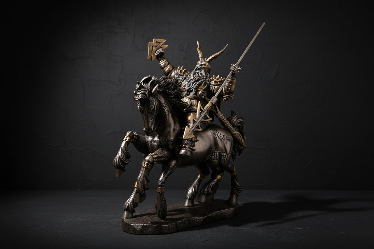 Statue of a warrior on horseback with armor and weapons on a white background