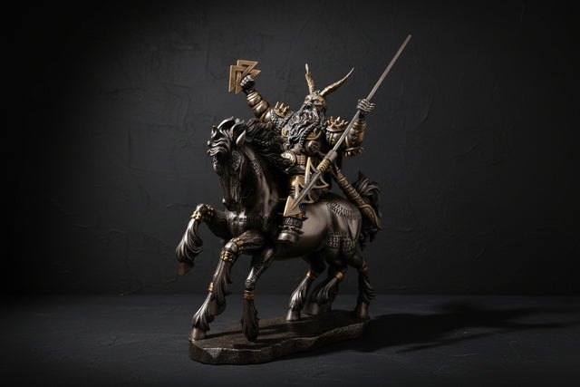 Statue of a warrior on horseback with armor and weapons on a white background