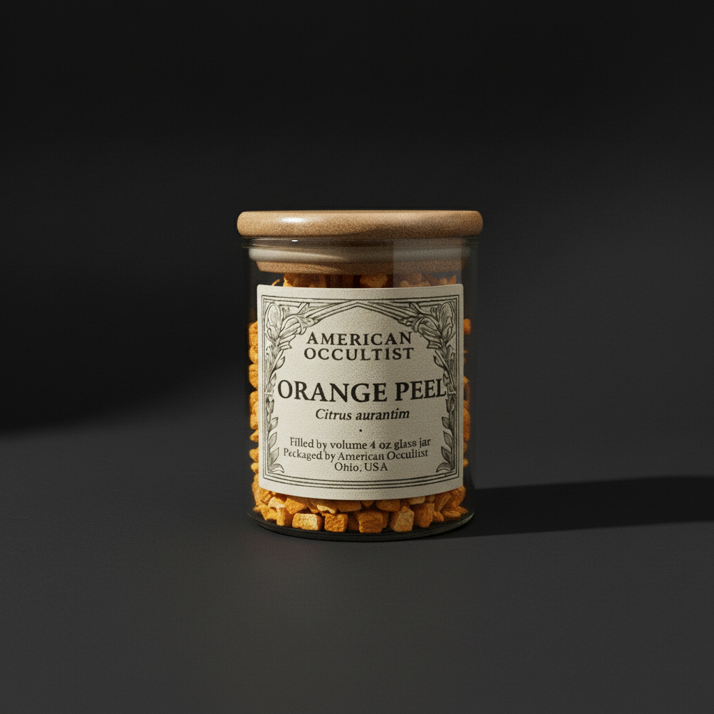 Jar of orange peels diced up with a wooden lid on a white background