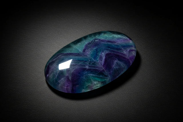 Oval-shaped gemstone with purple and green colors on a white background