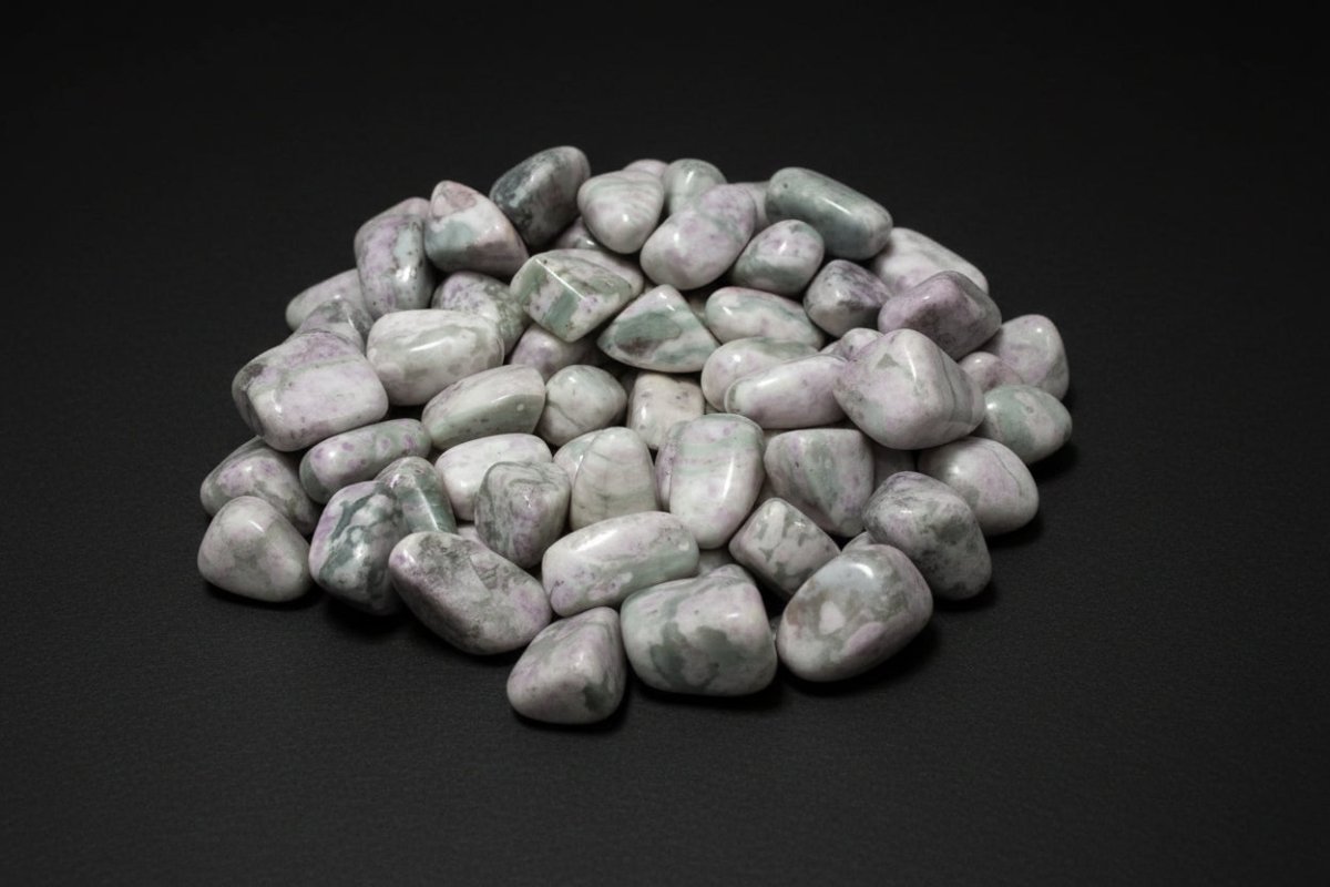 Representative polished pale-green, white, and cream stones sold as Peace Jade; color, pattern, shape, and size vary