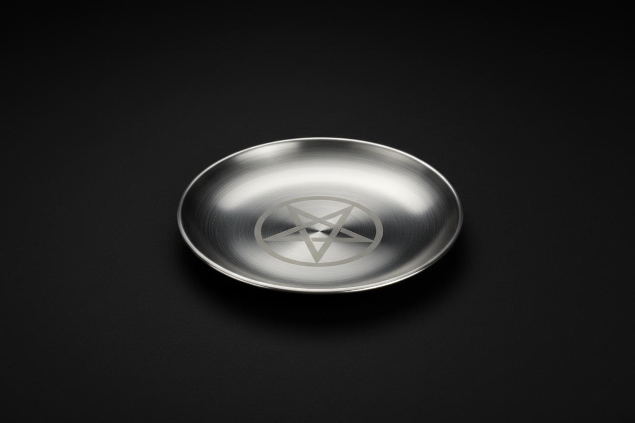 Metallic pentagram dish with decorative items on a light background