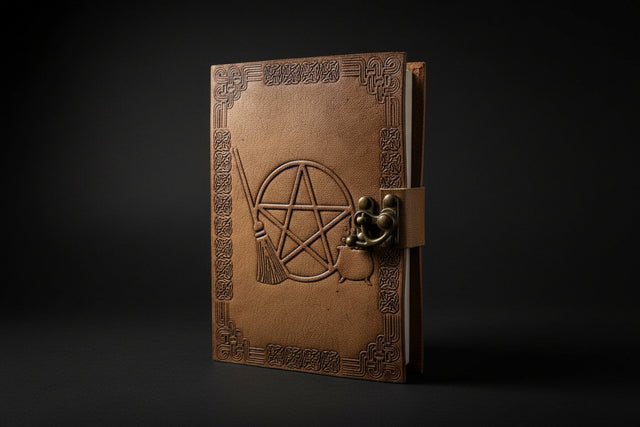 Brown leather notebook with pentagram design and lock on a white background