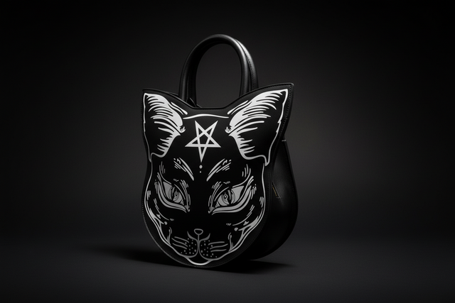 A black handbag shaped cat with a pentagon on forehead on a black background.