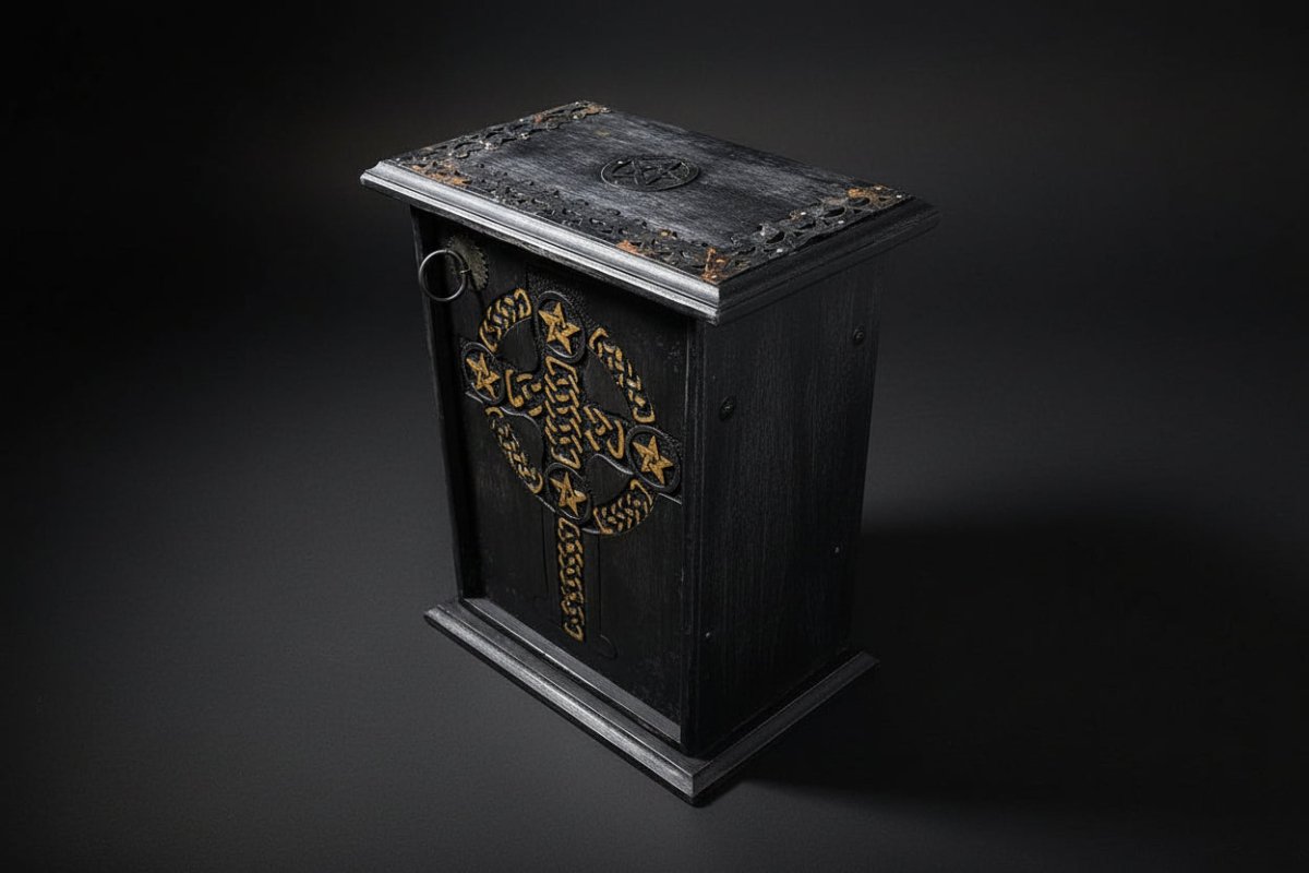 Pentagram & Celtic Cross Wooden Chest – Protected Storage for Sacred Tools