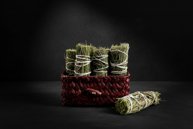 pine smoke cleansing wand in a basked on a white background.