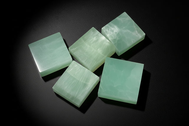 Four green soap bars held in a hand with a leafy background