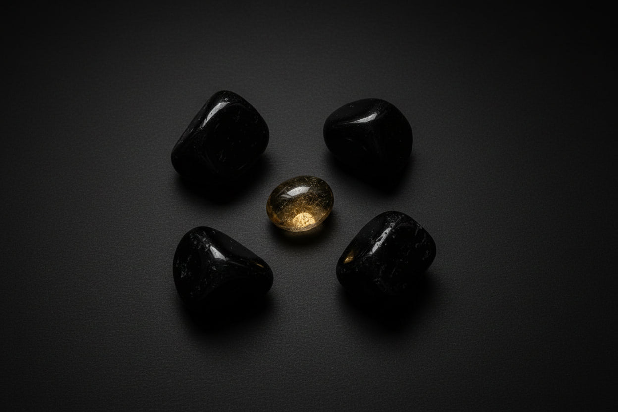 Four black stones and one gold stone on a gray background