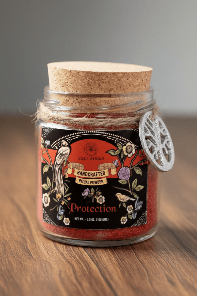 Jar of handcrafted ritual powder with decorative label on a wooden surface