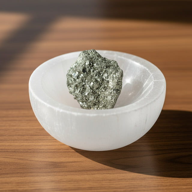 Hand holding a metallic crystal with greenery in the background