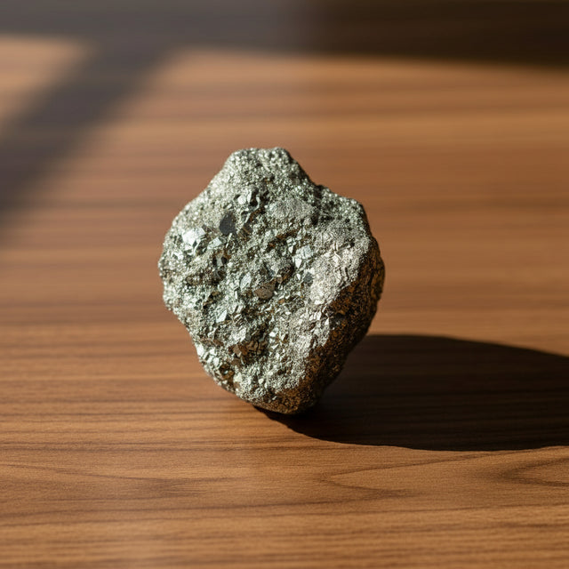 Hand holding a metallic crystal with greenery in the background