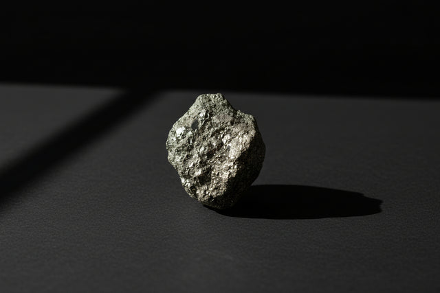 Hand holding a metallic crystal with greenery in the background
