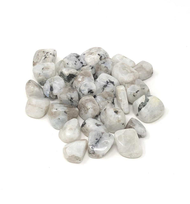 White and gray marbled rainbow moonstones on a white background