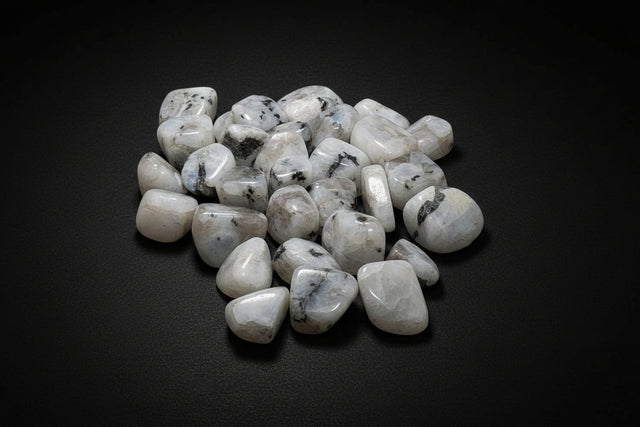 White and gray marbled rainbow moonstones on a white background