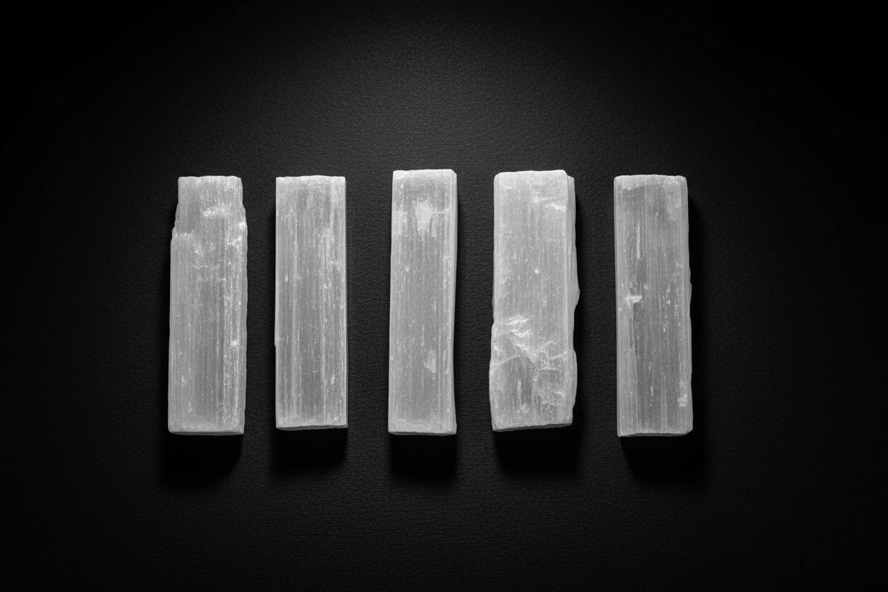 Short raw white satin spar gypsum wand measuring approximately 3 to 4 inches