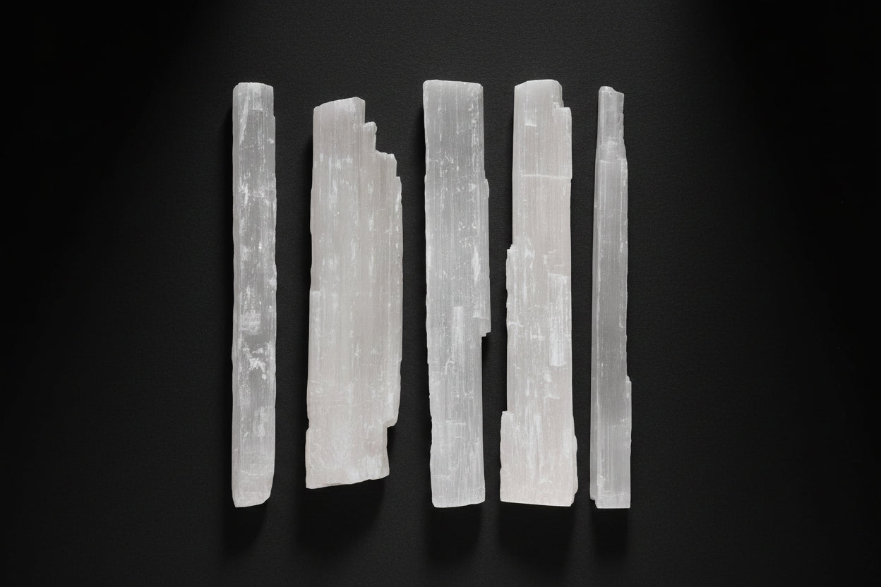 Set of six white selenite sticks on a white background