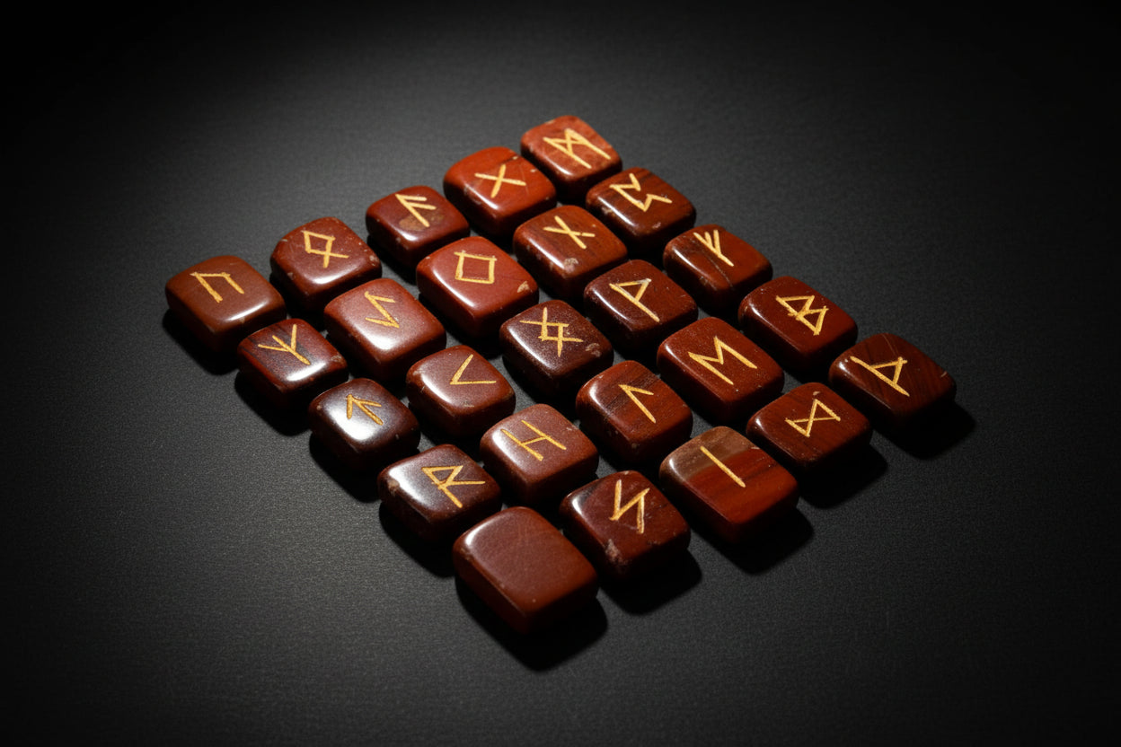Polished Red Jasper stones engraved with Elder Futhark runes