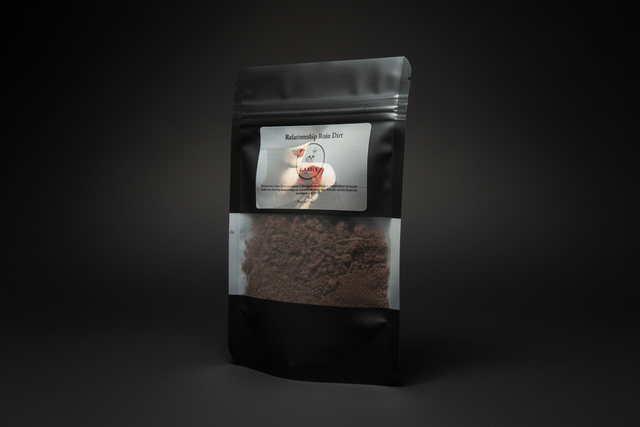 Black coffee bag with visible coffee grounds and a label on a white background