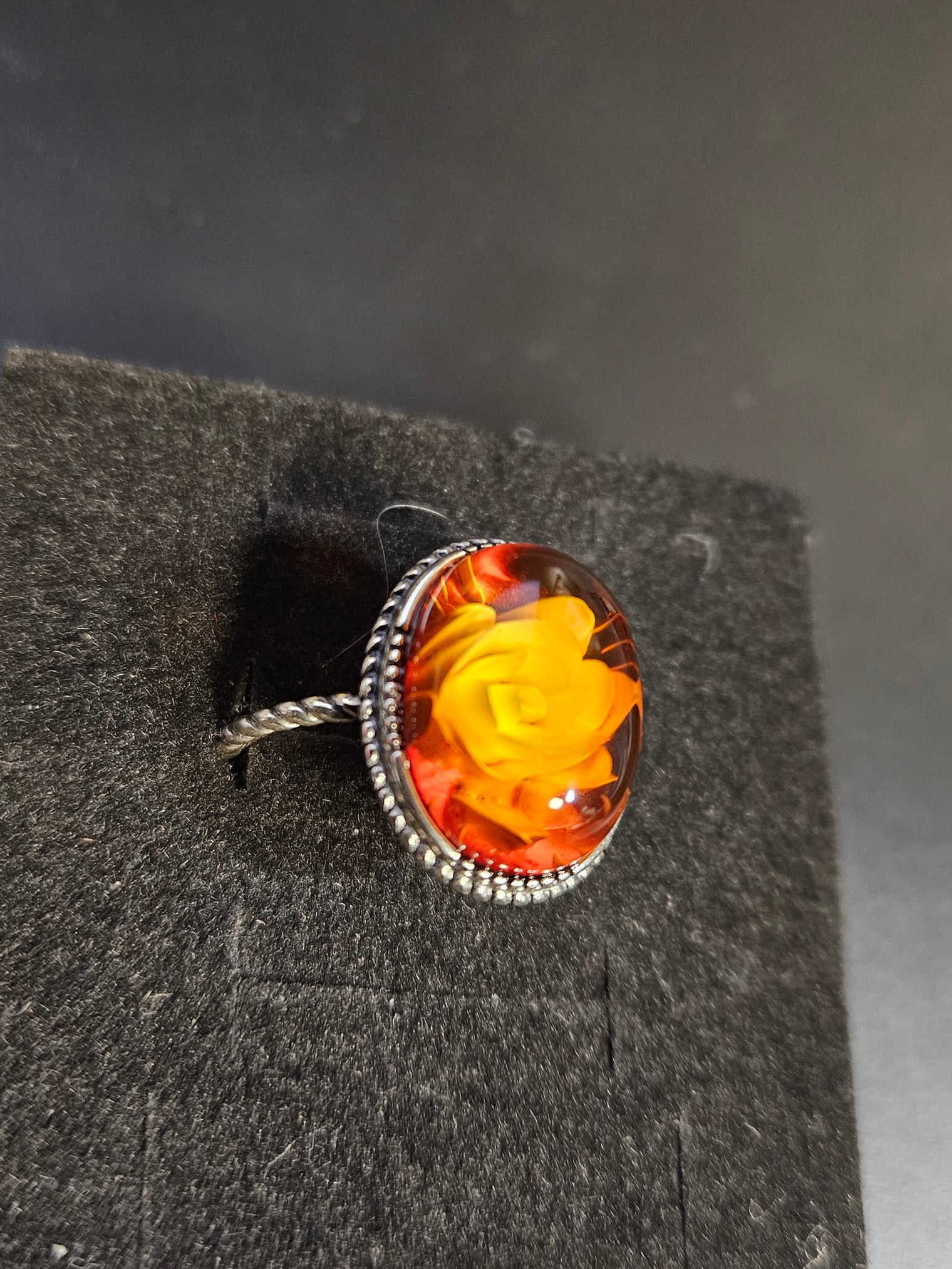 Amber Ring with Rose-Shaped Stone