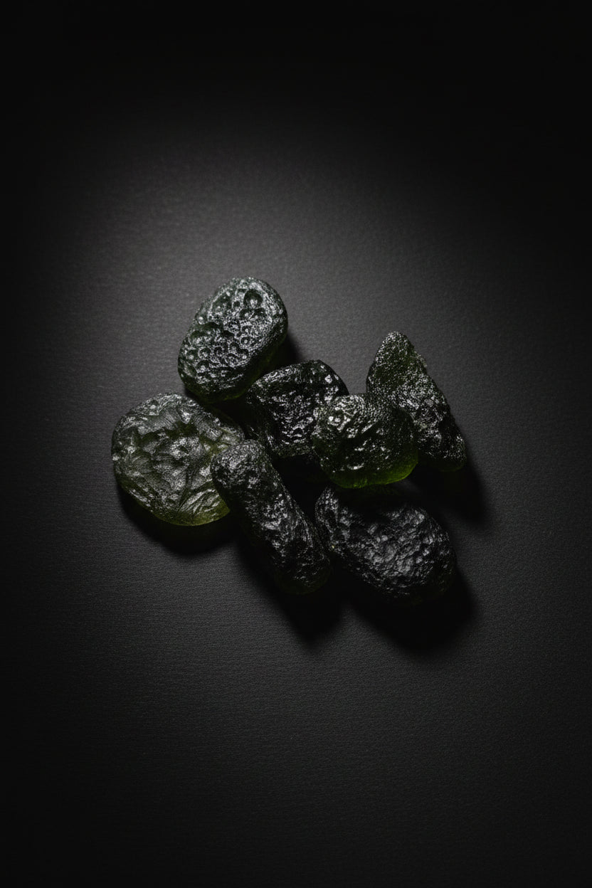A cluster of small, dark green to black, semi-translucent, rock-like pieces with a rough, speckled texture, resting on a white sheet of paper over a dark wood surface.