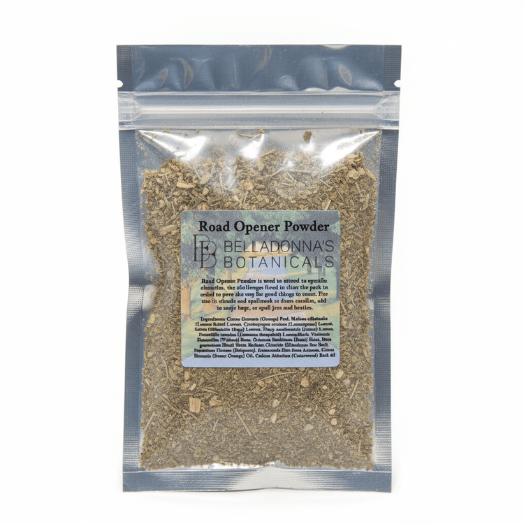 Packaged herb mix labeled 'Road Opener Powder' by Belladonna's Botanicals on a white background.