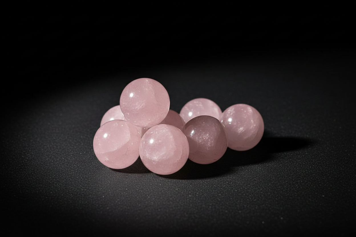 Small polished Rose Quartz spheres with pale pink color