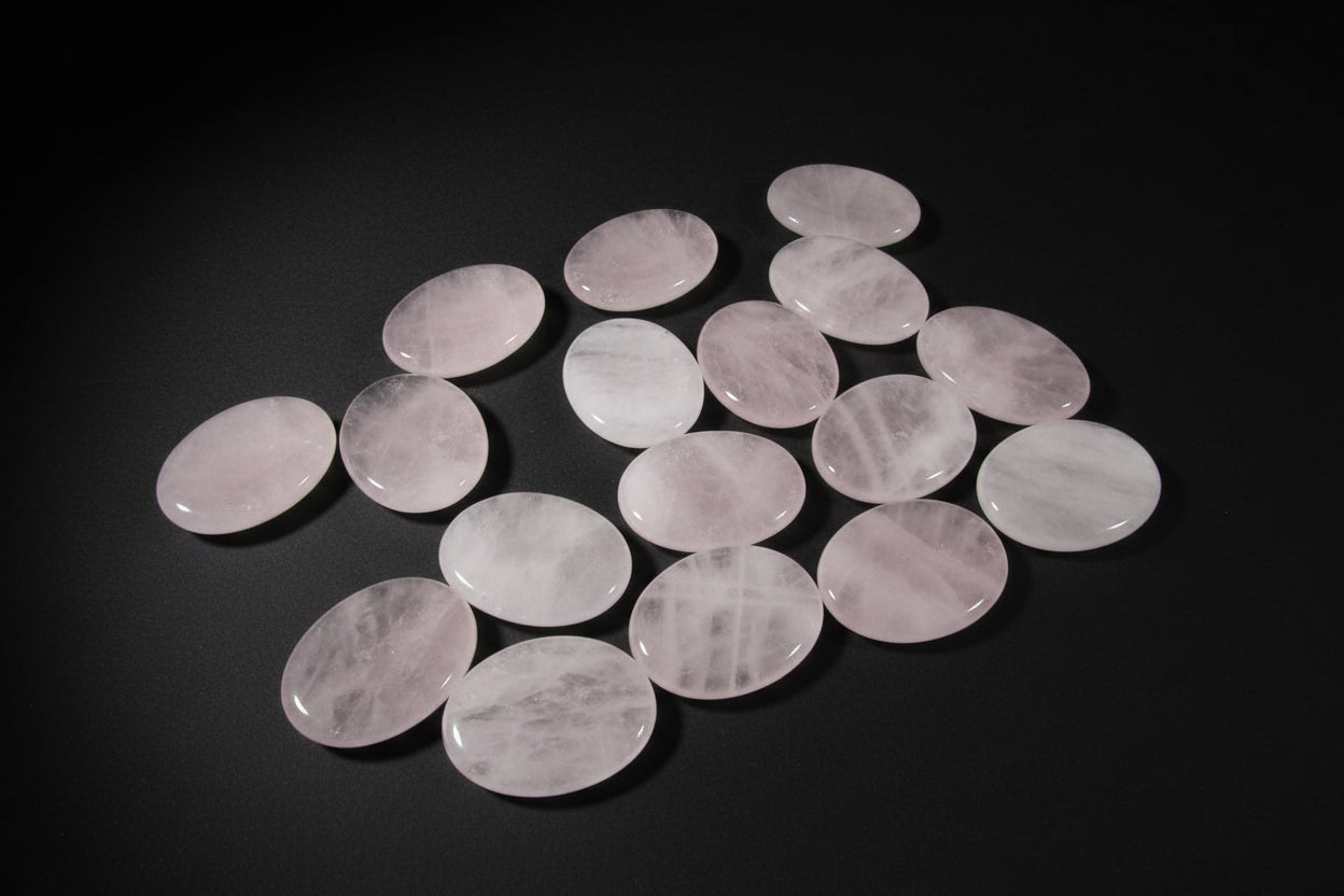Hand holding a rose quartz stone with more stones on a wooden surface