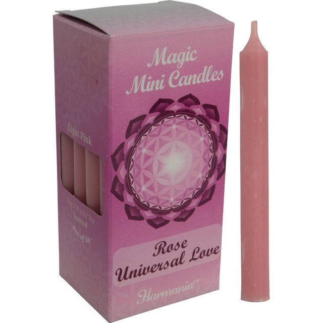Pink candle with packaging labeled 'Magic Mini Candles Rose Universal Love' on a white background