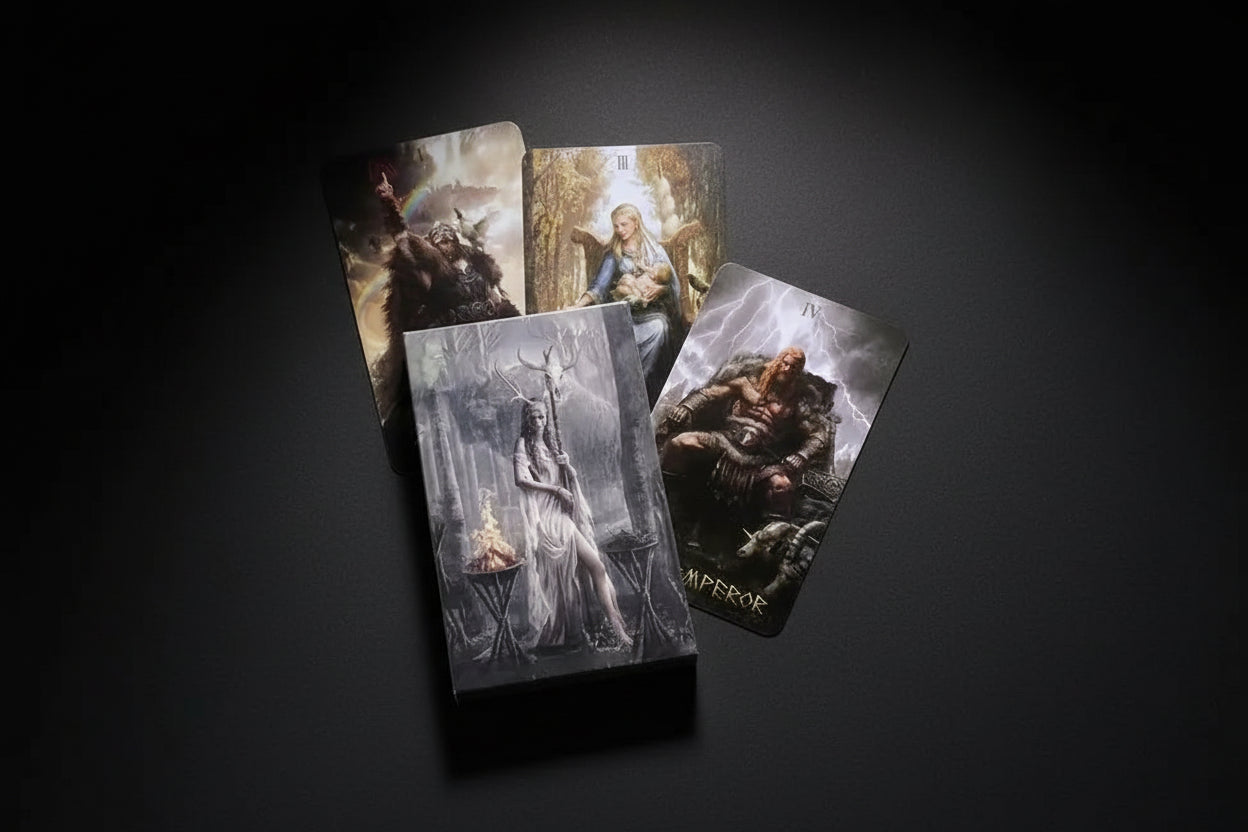 Runic Tarot deck with Elder Futhark glyphs on white background