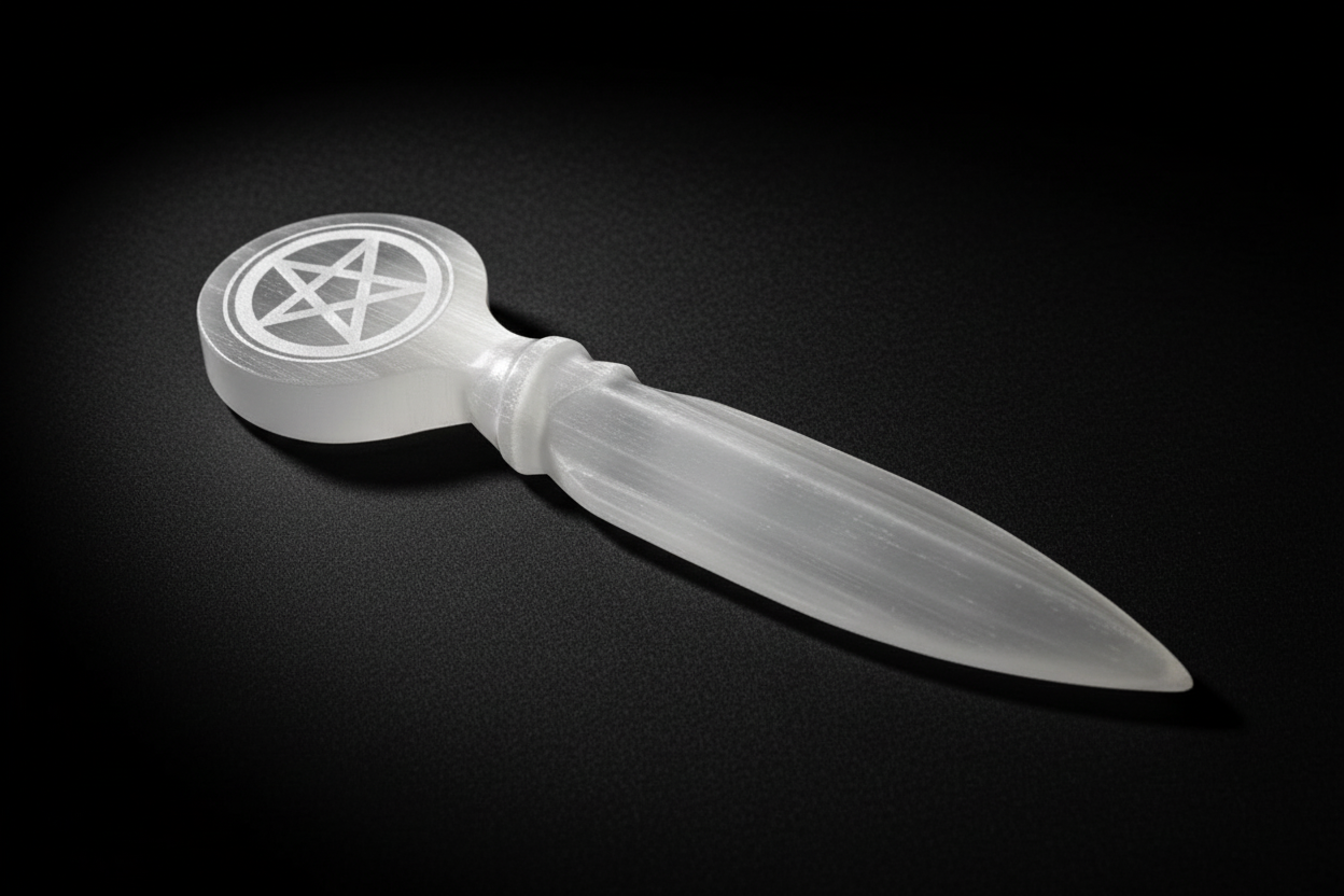 white selenite athame with a pentacle etched into the handle on a gray background.