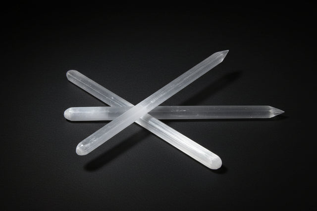 Clear crystal sticks held in a hand against a wooden background