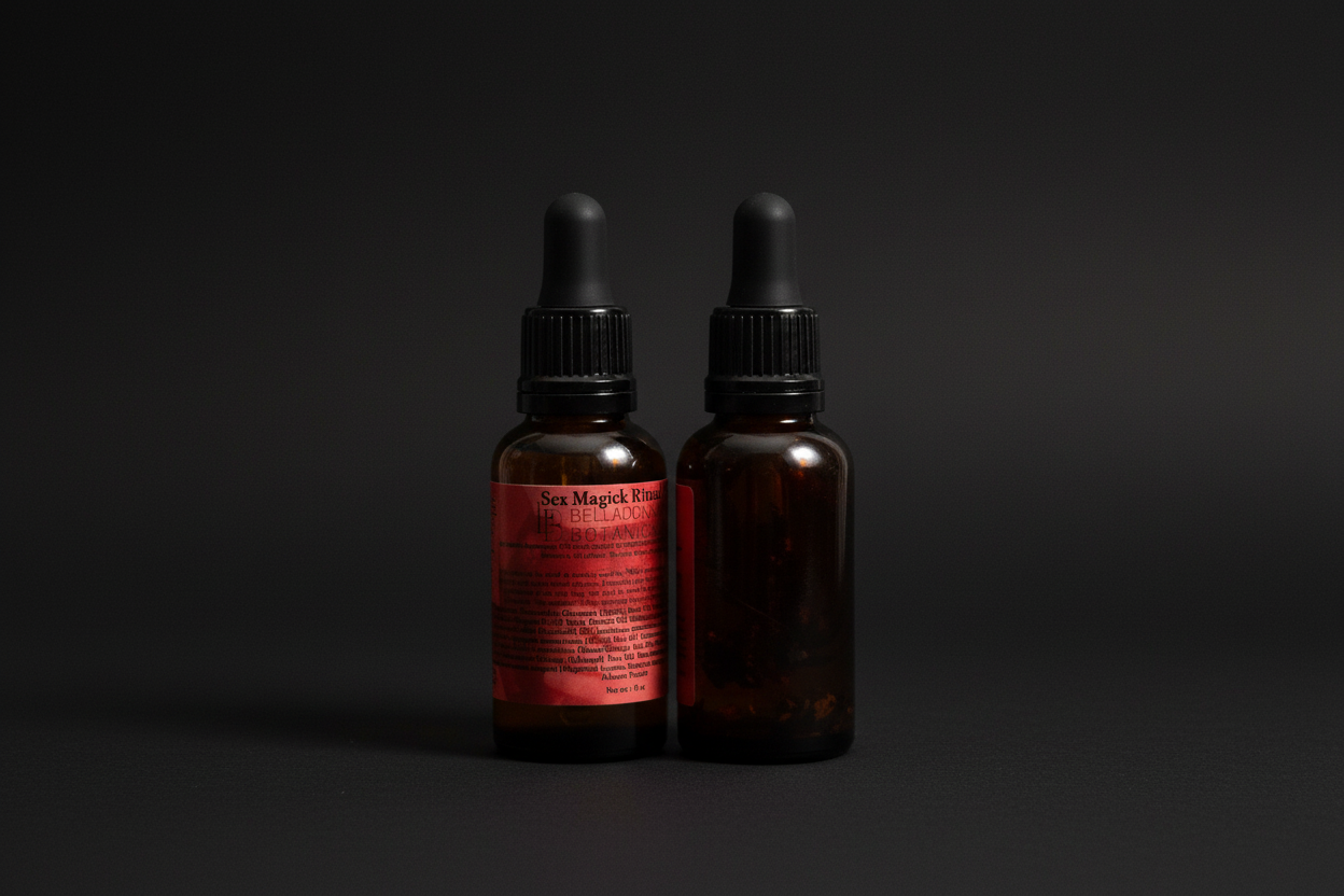 Dropper bottle with Sex Magick Ritual Oil in it on a black cloth,.