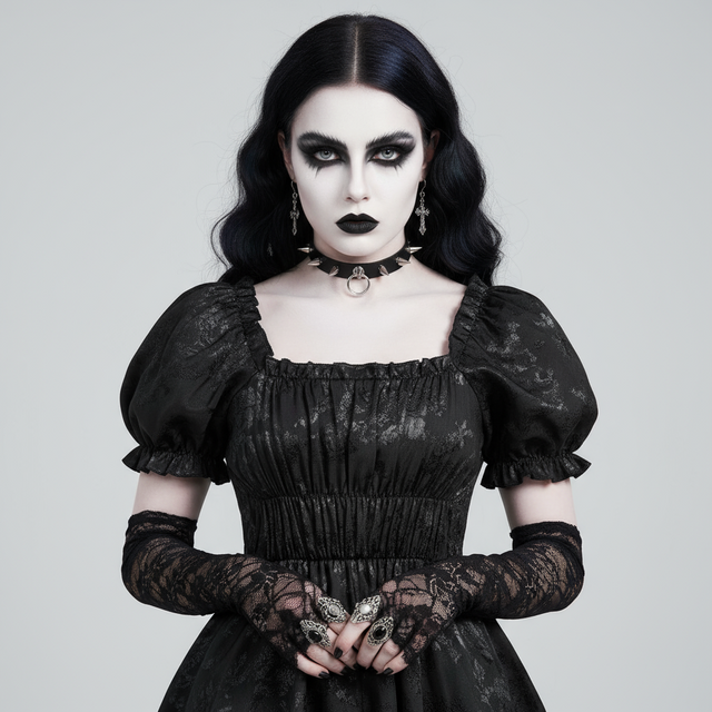 Black dress with puff sleeves on a light gray background