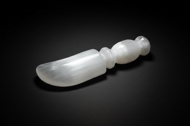 Short curved satin spar gypsum athame for symbolic ritual use