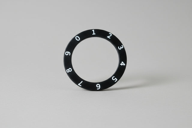 Black ring with numbers on a wooden surface