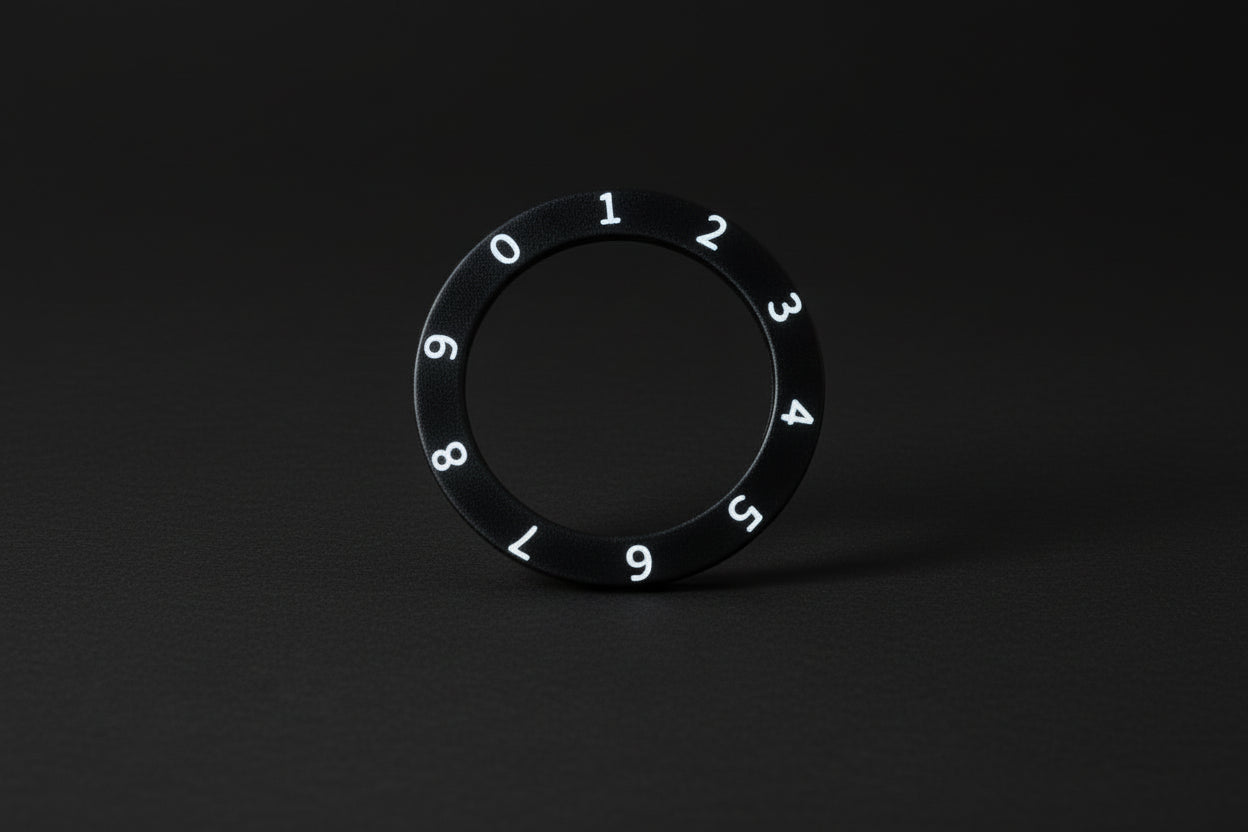 Black ring with numbers on a wooden surface