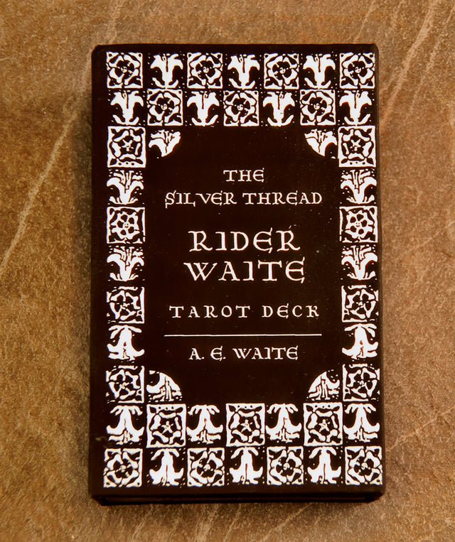 The image shows the cover of a tarot deck titled 'The Silver Thread Rider-Waite Tarot Deck' by A. E.