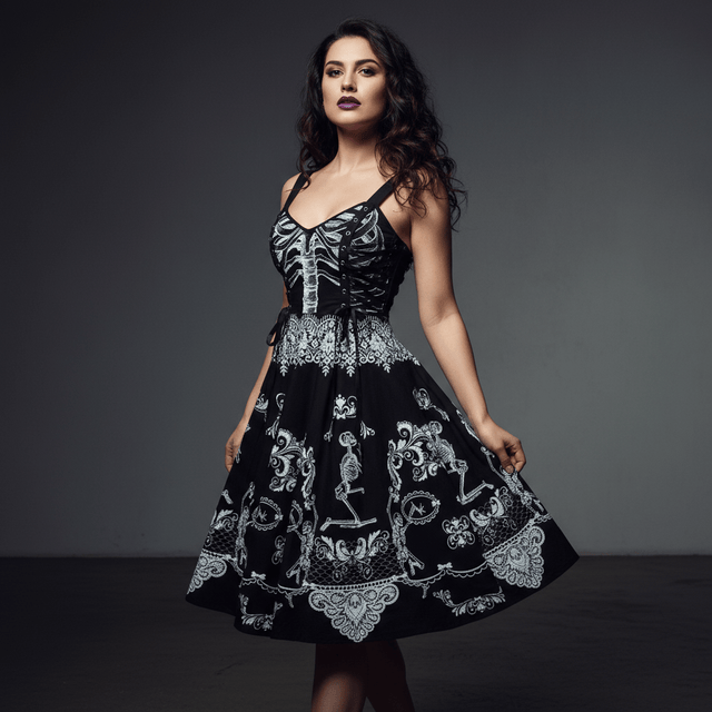 woman with purple lipstick and black hair wearing a black lace up sided dress with white skeletons.