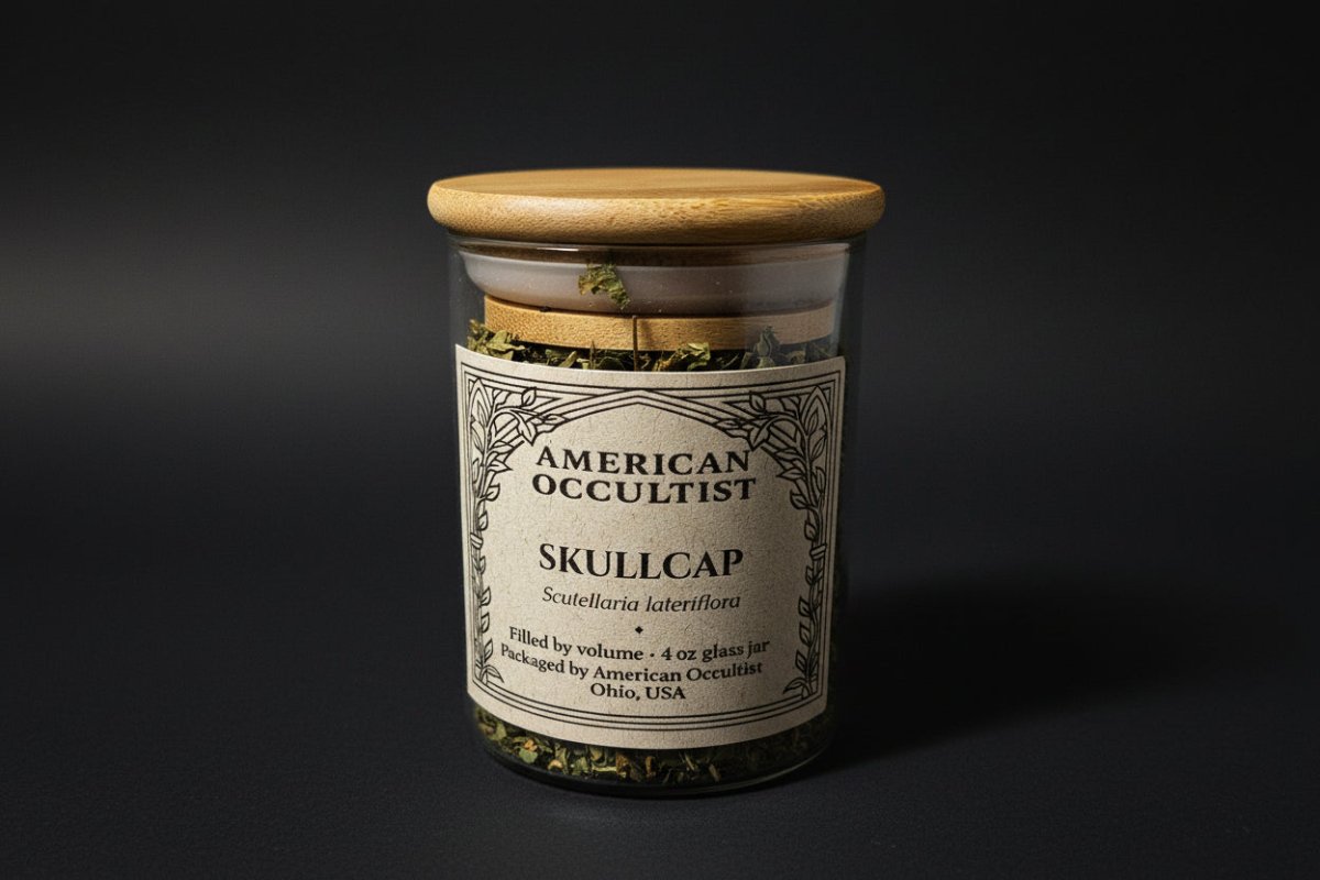 Organic dried cut-and-sifted skullcap aerial parts (Scutellaria lateriflora) in a labeled glass ritual herb jar
