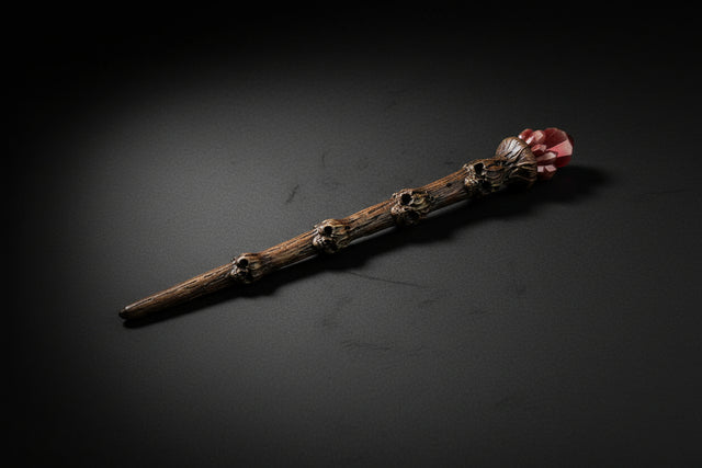 Wooden wand with red gemstone and green mossy object on gray surface.