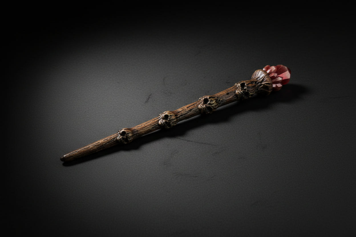 Wooden wand with red gemstone and green mossy object on gray surface.