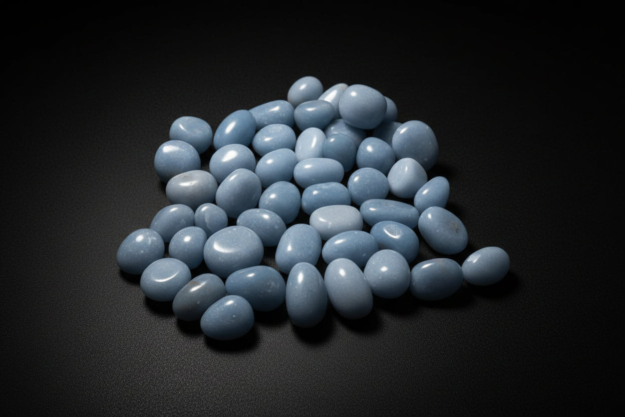 Representative assortment of small pale-blue Angelite trade stones; color, pattern, shape, and size vary