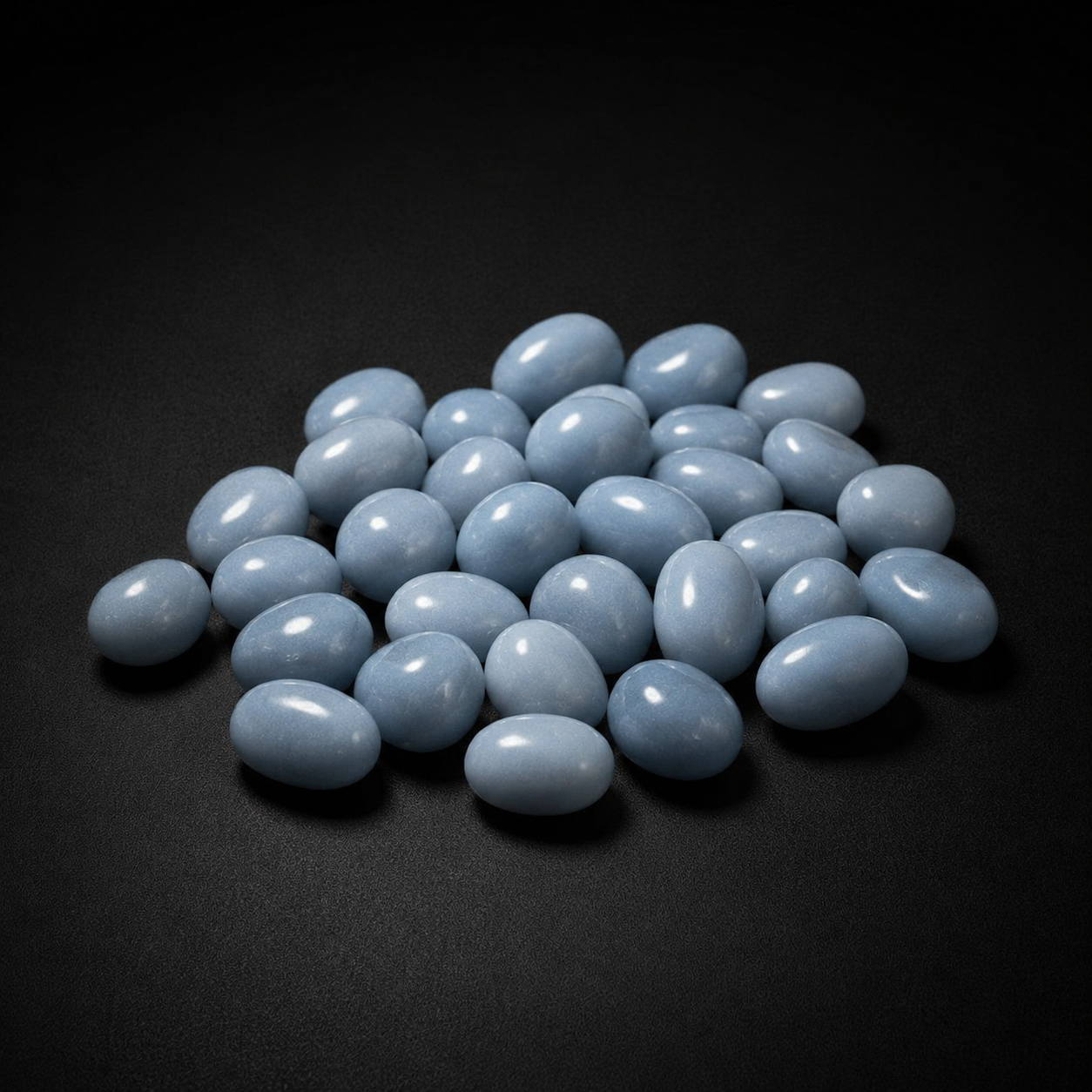 Assortment of small polished pale blue Angelite tumbled stones arranged on a matte black surface