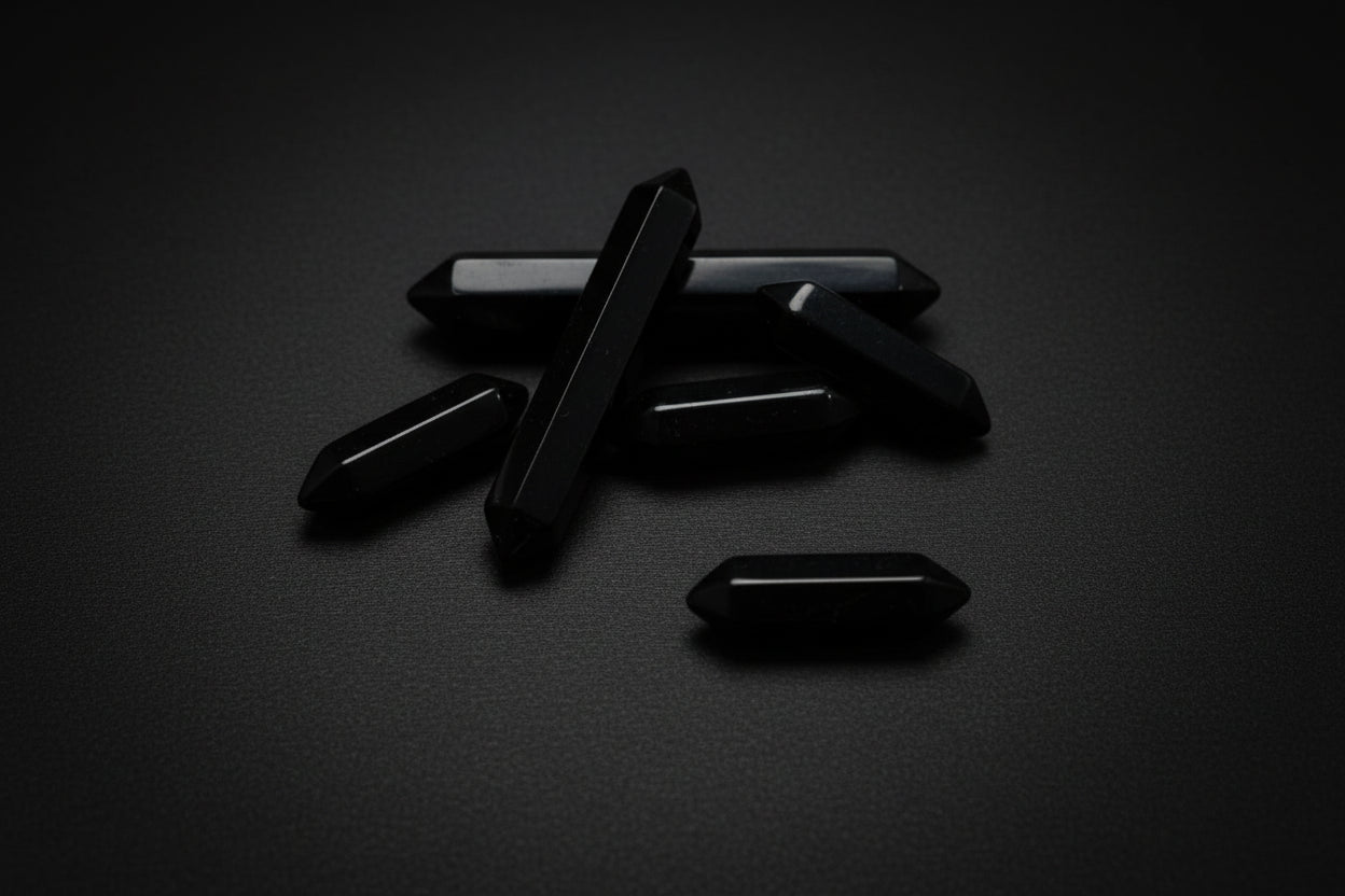 Black crystal points on a person's palm with a wooden surface background