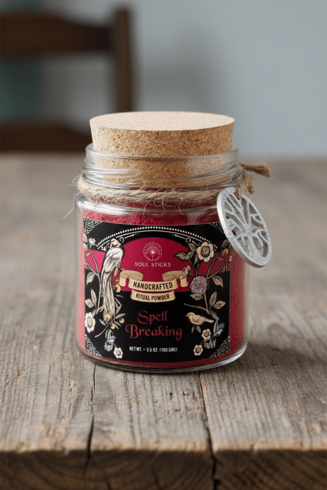 Jar of spell-breaking powder with a cork lid on a wooden surface