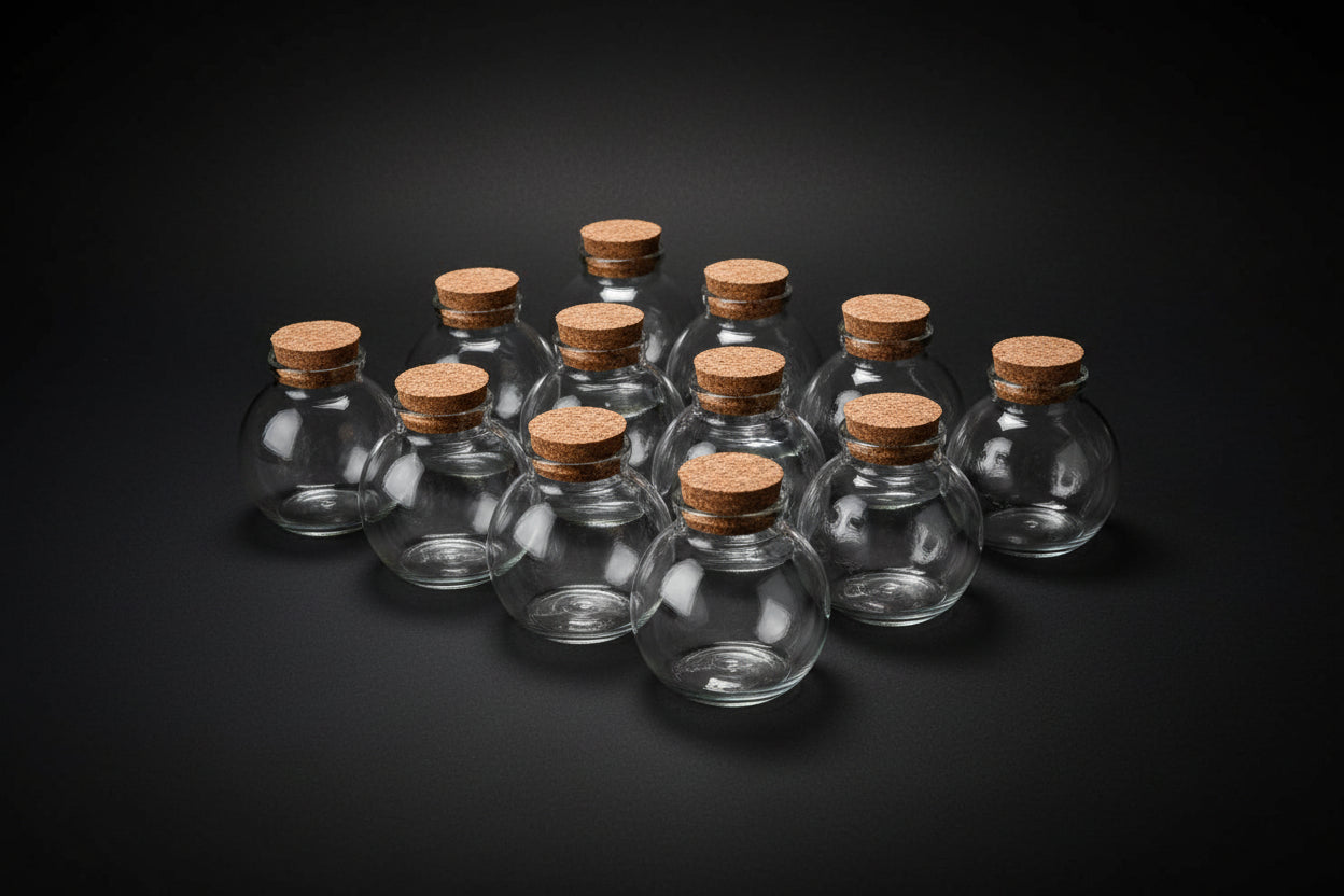 Clear spherical glass bottle with stopper, 3.3 fluid ounces