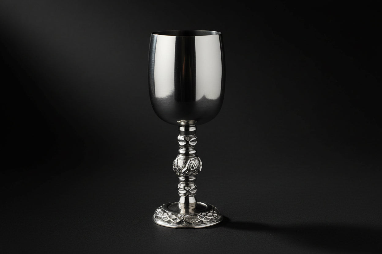 Silver goblet with intricate design on a white background