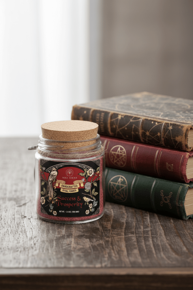 Jar with a decorative label on a wooden surface with vintage books in the background