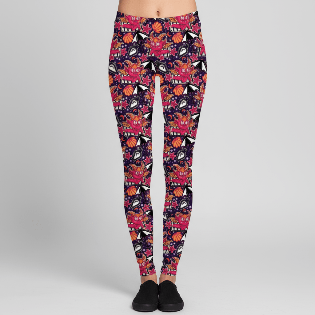 Colorful patterned leggings on a plain background