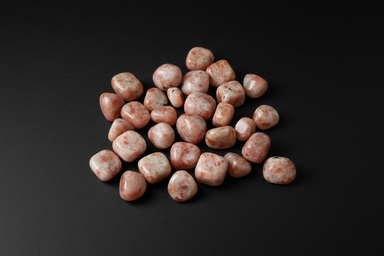 Representative polished peach-to-orange stones sold as Sunstone; color, reflectivity, shape, and size vary